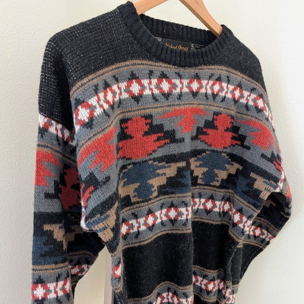 Vintage Southwestern Abstract Geometric Patterned Crewneck Sweater In Black/Red - Picture 6 of 7